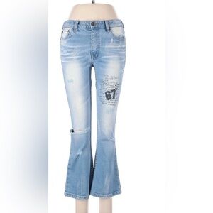 Womens jeans wide leg flare size 29 blue distressed Y2K loud print thrashed